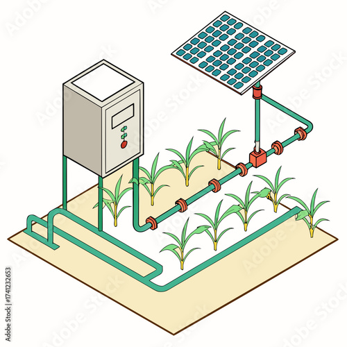 Vector art of isometric illustration of a solar powered irrigation system in a field, showcasing sustainable agriculture and renewable energy, perfect for ecofriendly farming