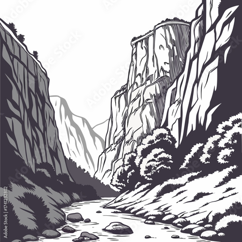 Vector art of a monochrome illustration of a majestic canyon with a flowing river, showcasing the grandeur of nature and the rugged beauty of the landscape