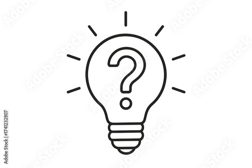 Creative problem solving concept icon with light bulb and question mark. Metaphor for innovation, new ideas, answers, and solutions. Outline vector for brainstorming process.