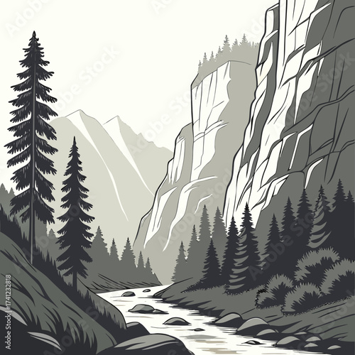 Vector art of a serene monochrome illustration of a picturesque canyon with a winding river and towering pine trees, capturing the tranquility of the wilderness