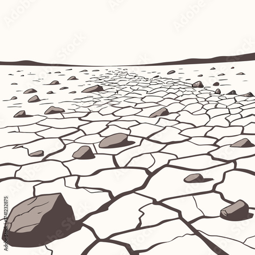 Vector art of cracked earth landscape illustration with scattered rocks, , depicting a dry and barren environment, evoking a sense of desolation and aridity