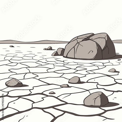 Vector art of a cracked earth landscape with rocks scattered across the dry ground, creating a desolate and arid scene with a sense of isolation and the effects of drought on the environment