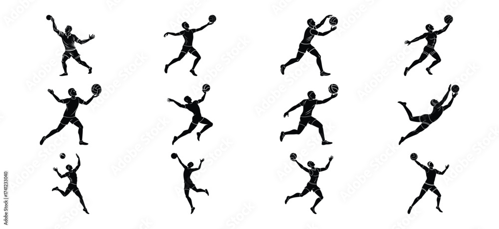 Naklejka premium Collection of silhouettes of baseball players in various action poses on a white background