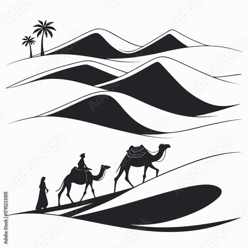 Vector art of a captivating desert vista showcases camels and figures gracefully navigating the sweeping sand dunes, with palm trees adding a touch of oasis charm