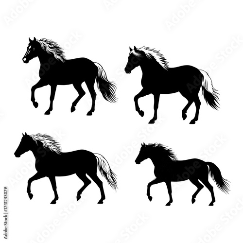 Horse Silhouette Collection: A stunning set of four monochrome horse silhouettes, capturing the graceful movement and elegance of the equine form, ideal for design elements and artistic projects.