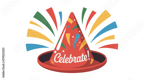 A festive illustration of a party hat with the word Celebrate surrounded by colorful streamers.