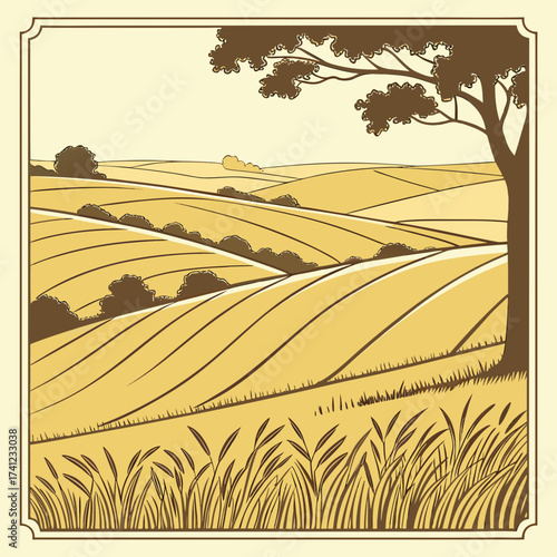 Vector art of a tranquil countryside scene unfolds with golden fields rolling gently under a clear sky, a lone tree standing sentinel over the idyllic landscape