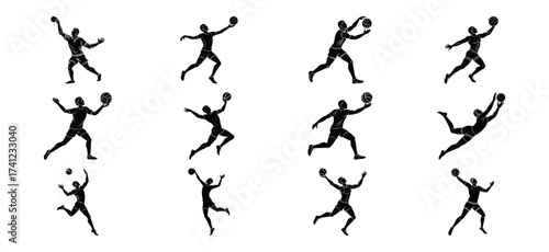 Collection of silhouettes of baseball players in various action poses on a white background