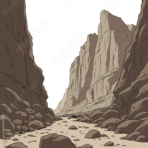 Vector art of a grand canyon landscape showcasing towering rock formations, a dry riverbed, and a vast expanse of rugged terrain, creating a sense of awe and wonder in this natural wonder