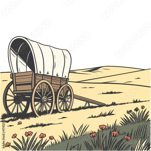 Illustration of a covered wagon in a field with flowers, conveying a sense of pioneer life and westward expansion, the artwork is simple and clean