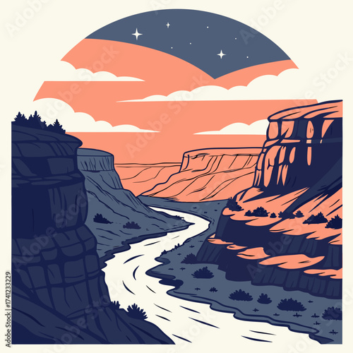Vector art of a captivating illustration of a grand canyon landscape at dusk, , featuring a winding river flowing through towering cliffs under a sky painted with soft pastel hues