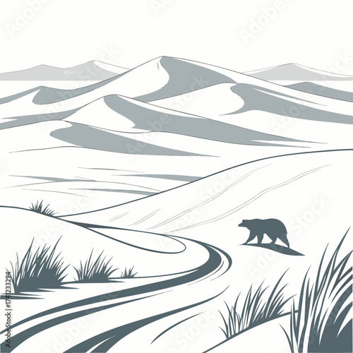 Vector art of a minimalist winter landscape, depicting a bear silhouette amidst snowcovered dunes and sparse grass, conveying a sense of serene isolation and natural beauty