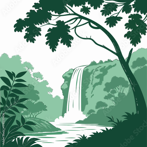 Vector art of a serene waterfall cascades down a lush, verdant cliffside, framed by an arching tree and dense foliage, creating a tranquil scene that captures the essence of natures beauty and peace