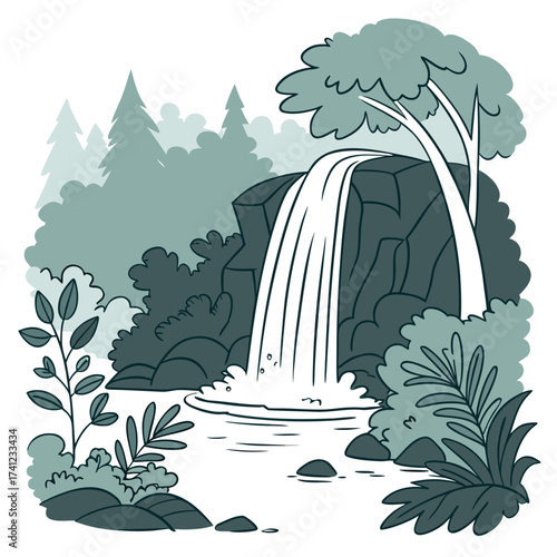 Vector art of a charming cartoon waterfall scene features a cascade tumbling over dark rocks, surrounded by lush trees and plants, creating a whimsical and inviting natural landscape