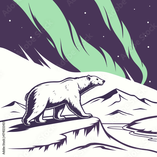 Vector art of a majestic polar bear stands on an icy precipice under the mesmerizing aurora borealis, with snowcovered mountains in the distance, capturing the arctics stark beauty