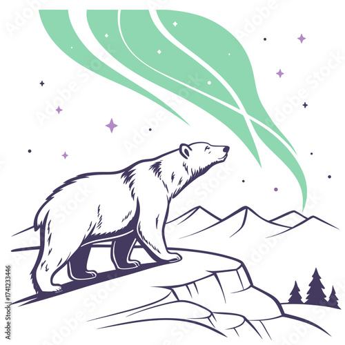 Vector art of a majestic polar bear stands on a rocky outcrop, gazing up at the swirling aurora borealis, with snowcapped mountains and a few pine trees in the background
