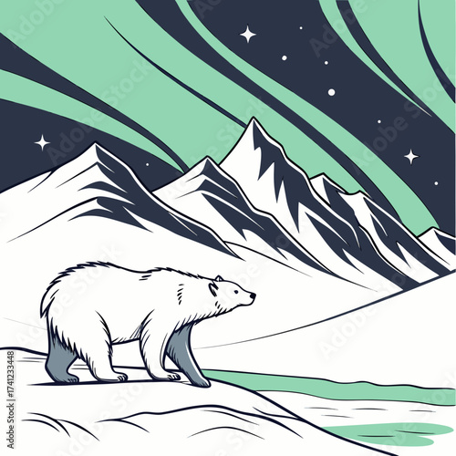 Vector art of a polar bear walks across a snowy landscape beneath the mesmerizing aurora borealis, with towering mountains in the backdrop, creating a serene arctic scene