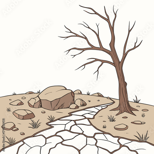 Vector art of a desolate desert landscape illustration featuring a cracked path, barren tree, and scattered rocks, conveying a sense of aridity, isolation, and resilience
