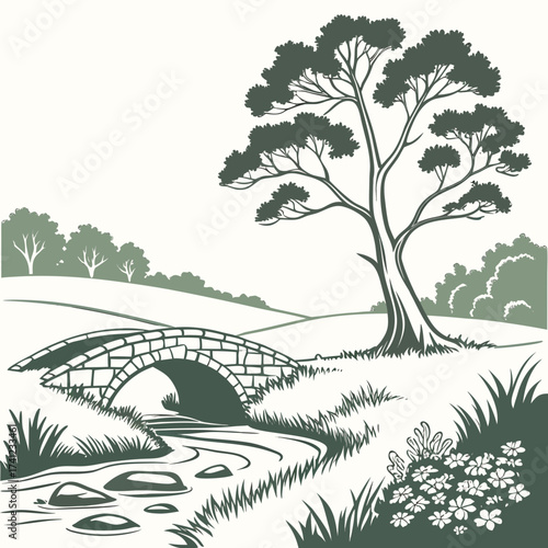 Vector art of a serene landscape illustration featuring a stone bridge over a gentle stream, lush greenery, and a solitary tree, evoking a sense of tranquility and peace