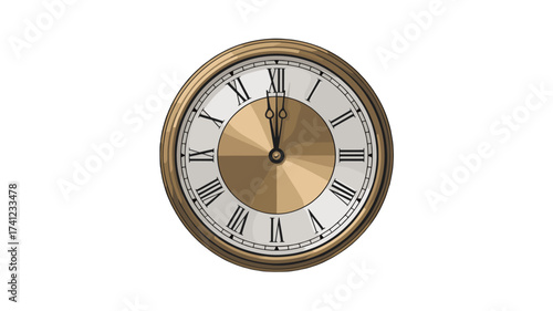 A close-up of a gold-framed clock face displaying noon.