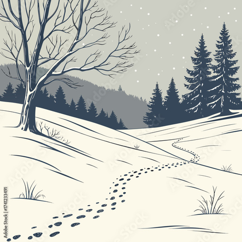 Vector art of winter landscape with snowcovered hills, trees, and footprints in the snow, creating a serene and peaceful scene, perfect for capturing the beauty of the season and