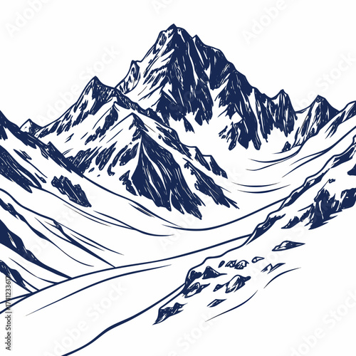 Vector art of a majestic mountain range dominates the landscape, its snowcapped peaks and rugged terrain creating a breathtaking vista, the artwork captures the grandeur of natures power