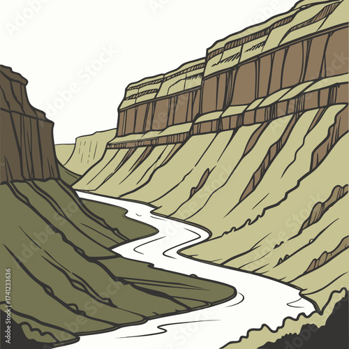 Vector art of grand canyon with a winding river, showcasing the natural beauty of the desert landscape, perfect for hiking, camping, and exploring the great outdoors