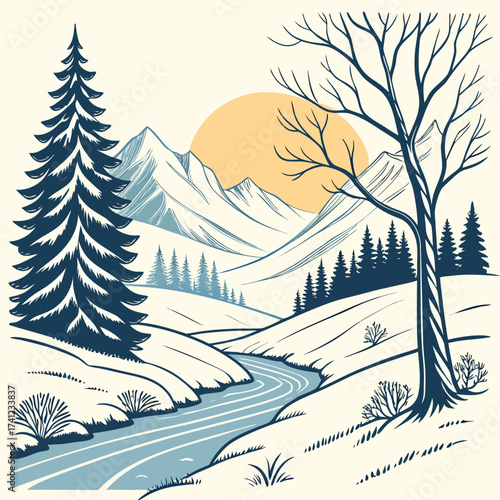 Vector art of serene winter landscape featuring snowcovered hills, a winding river, and majestic mountains under a warm sun, evoking a sense of tranquility and natural beauty