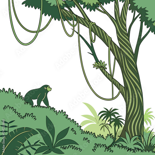 Vector art of lush jungle scene featuring dense vegetation, a towering tree with hanging vines, and a gorilla, creating a vibrant and exotic atmosphere of the tropical rainforest