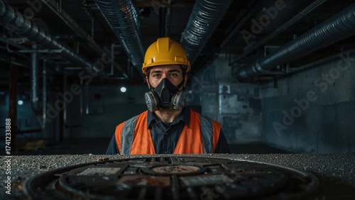 Fototapeta Naklejka Na Ścianę i Meble -  Worker in safety gear and respirator, standing in dimly lit confined space with ventilation ducts and sewer access cover visible in foreground.