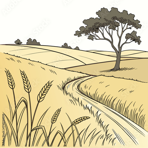 Vector art of a serene countryside scene unfolds with a winding path leading through golden wheat fields, a solitary tree standing tall, creating a peaceful and idyllic rural landscape