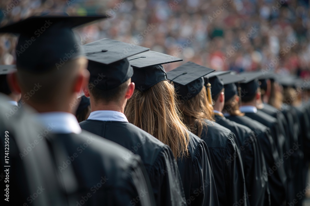 Obraz premium Line of high school graduates wearing caps and gowns viewed from behind during a graduation ceremony in a crowded outdoor venue.