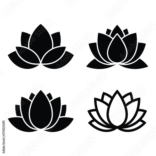 Serene lotus flower icons set symbolizing peace purity and enlightenment four elegant designs silhouette