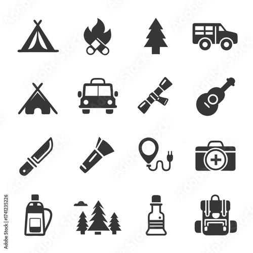 Camping and outdoor adventure icons including tent campfire tree car guitar knife flashlight map first aid kit