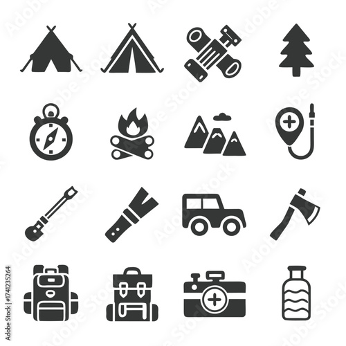 Camping and outdoor adventure icons including tent compass campfire car axe backpack vector