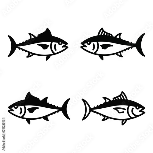 Four stylized tuna fish facing each other simple outline nautical marine aquatic creature collection silhouette