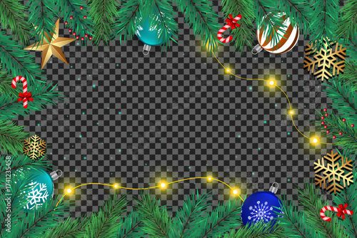 Christmas frame featuring pine branches, ornaments, snowflakes, lights, and candy cane on transparent background