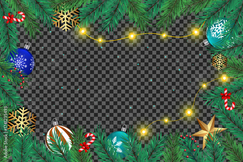 Evergreen boughs frame colorful ornaments with glowing lights on a transparent holiday season background