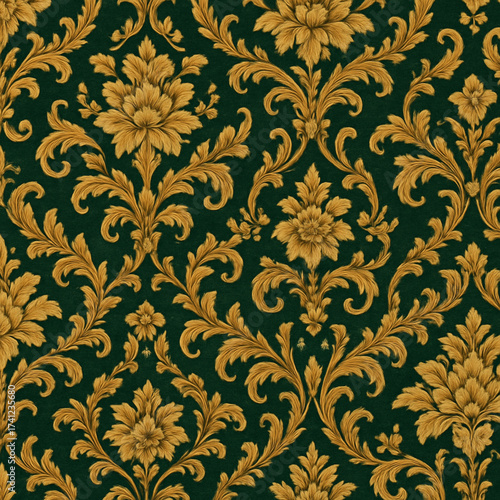 Luxurious seamless damask pattern in deep forest green and shimmering antique gold, baroque style, elegant vintage opulence