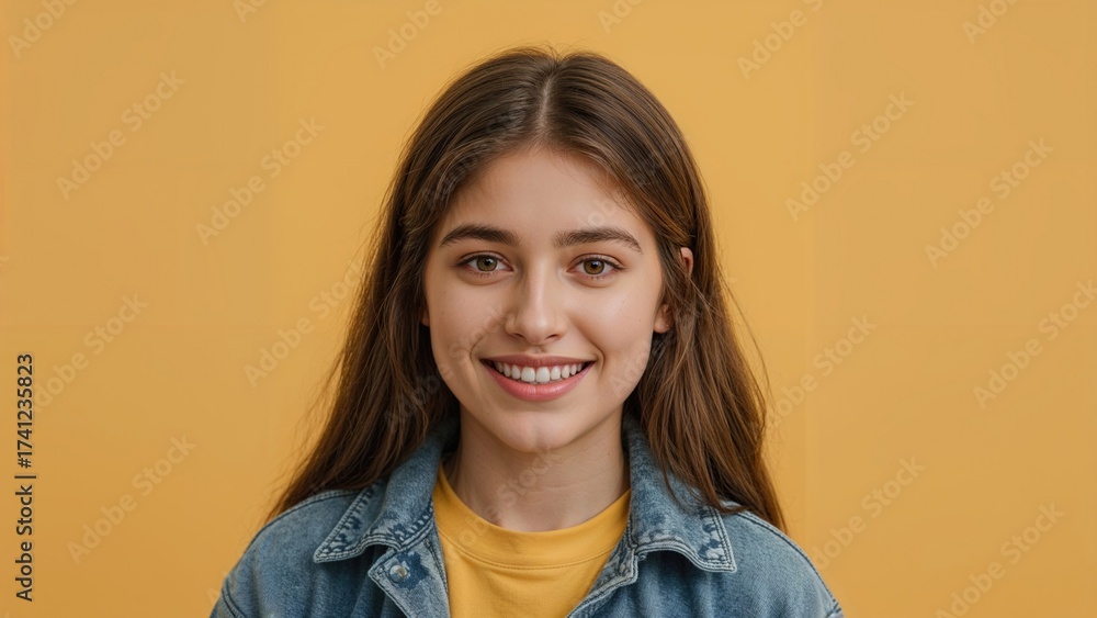 Fototapeta premium Portrait of a smiling teenage girl with long hair wearing a denim jacket and yellow shirt against a solid yellow background expressing positive emotions and happiness.