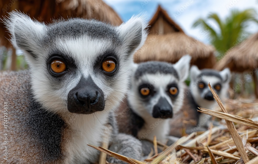 Fototapeta premium ring-tailed lemur group in the zoo, with one showing its tail to nearby kids, natural daylight