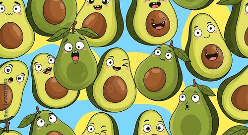 Delightful avocado cartoon pattern with vibrant expressions perfect for fun food-themed designs and cheerful backgrounds