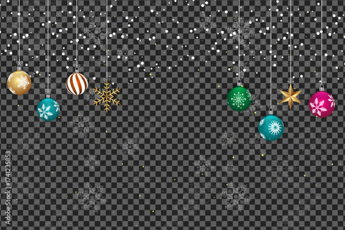 Hanging colorful Christmas ornaments and golden snowflakes decorate transparent background while snow is falling all around