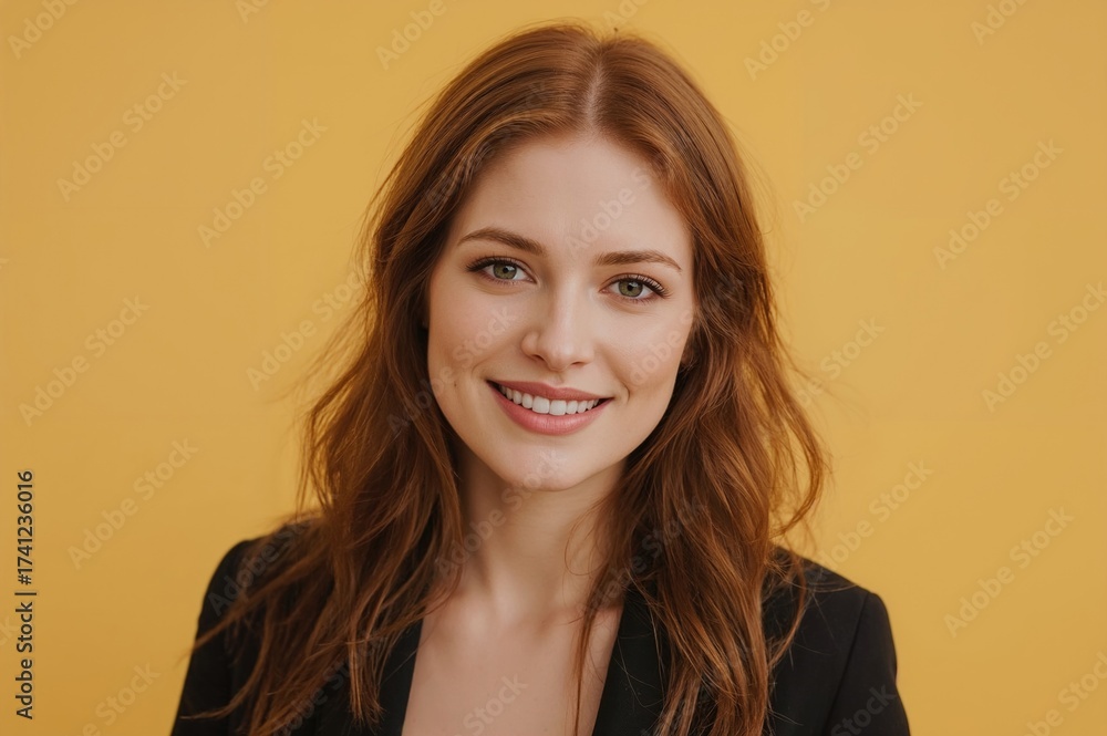 Obraz premium Confident Young Woman with Long Red Hair Smiling and Relaxing with Hands Behind Head Against Bright Yellow Wall in Indoor Setting