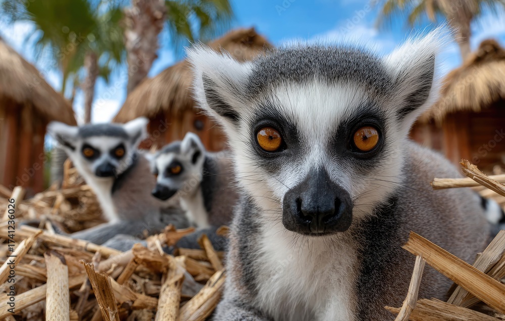 Obraz premium lemurs at the zoo, sitting on straw in their enclosure, posing for photos with orange eyes and black spots on white fur.