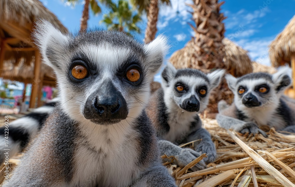 Obraz premium lemurs at the zoo, sitting on straw in their enclosure, posing for photos with orange eyes and black spots on white fur.