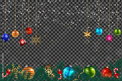 Colorful ornaments hang against a transparent background with snowflakes and festive green foliage