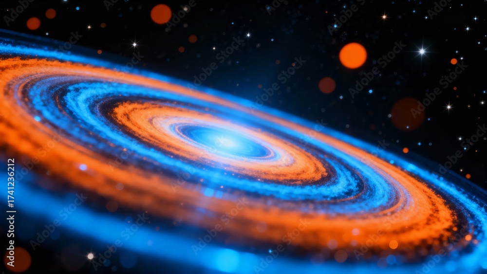 Obraz premium A vibrant spiral galaxy with swirling blue and orange arms set against a starry cosmic backdrop.