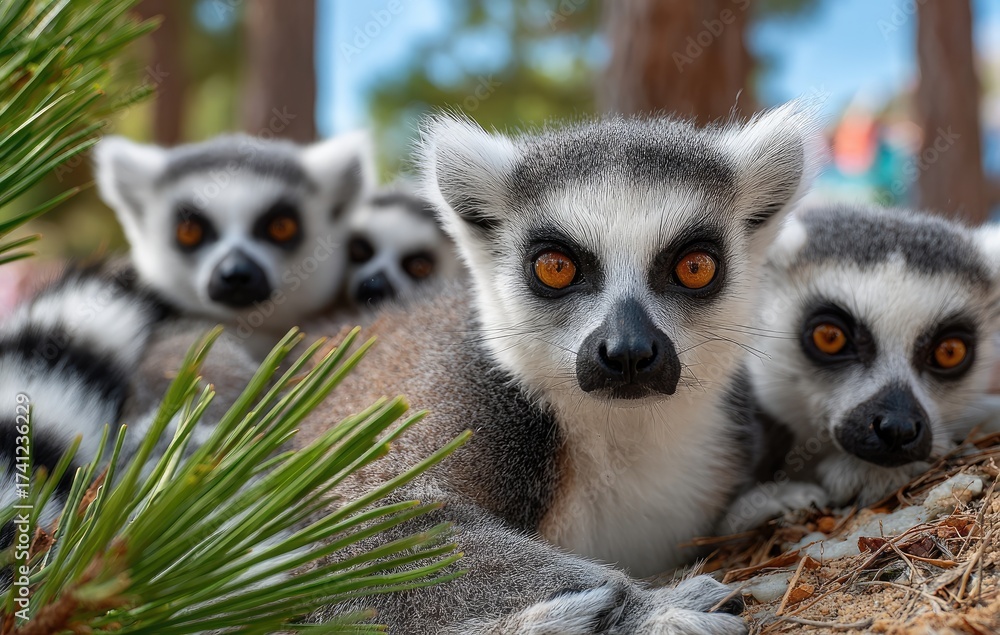 Obraz premium lemurs at the zoo, sitting on straw in their enclosure, posing for photos with orange eyes and black spots on white fur.