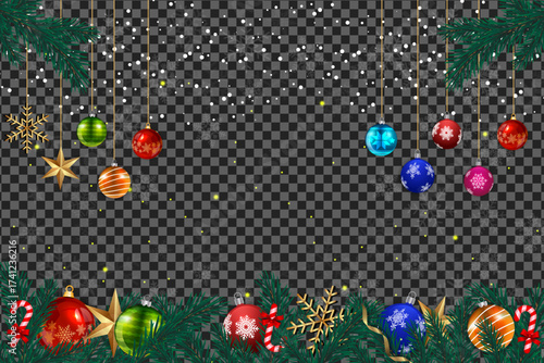 Festive Christmas ornaments and golden star adorn the evergreen branches on transparent background